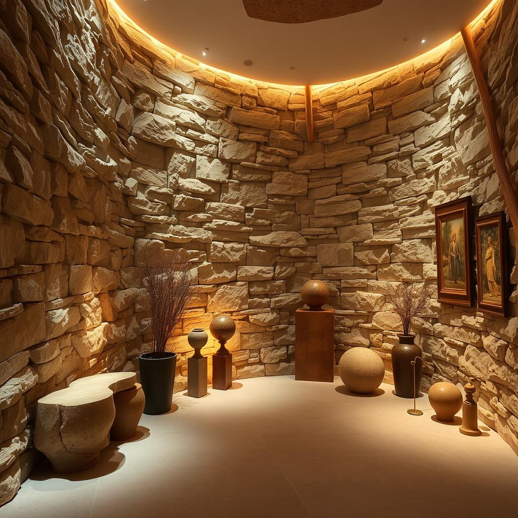 A beautifully designed artistic space featuring stunning stone wall cladding