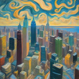 An aerial view of a sprawling New York cityscape, painted in Vincent Van Gogh's signature post-impressionistic style with energetic swirls and dramatic colors.