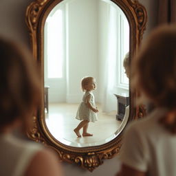 An antique mirror elegantly framed, reflecting a mother gazing lovingly at her child