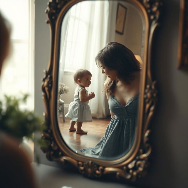 An antique mirror elegantly framed, reflecting a mother gazing lovingly at her child