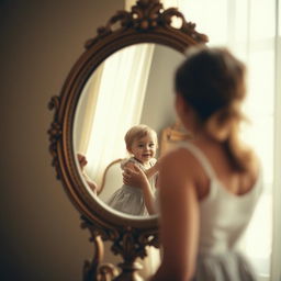 An antique mirror elegantly framed, reflecting a mother gazing lovingly at her child