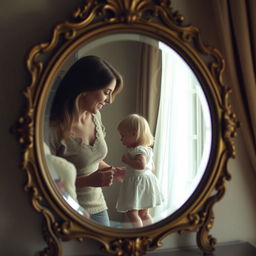An antique mirror elegantly framed, reflecting a mother gazing lovingly at her child