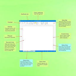 A visual representation of the Microsoft Word screen on an A4 sheet of paper, featuring crucial elements such as the Title Bar, Ribbon, Quick Access Toolbar, Document Area, and Status Bar