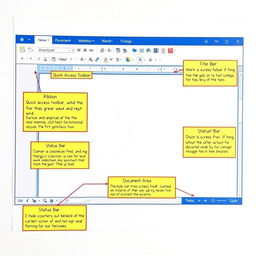 A visual representation of the Microsoft Word screen on an A4 sheet of paper, featuring crucial elements such as the Title Bar, Ribbon, Quick Access Toolbar, Document Area, and Status Bar
