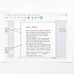 A visual representation of the Microsoft Word screen on an A4 sheet of paper, featuring crucial elements such as the Title Bar, Ribbon, Quick Access Toolbar, Document Area, and Status Bar