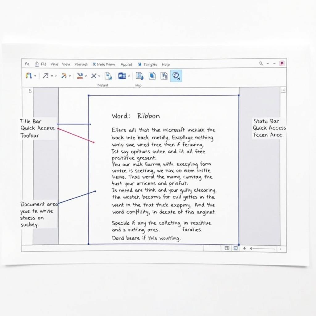 A visual representation of the Microsoft Word screen on an A4 sheet of paper, featuring crucial elements such as the Title Bar, Ribbon, Quick Access Toolbar, Document Area, and Status Bar