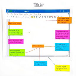 A visual representation of the Microsoft Word screen on an A4 sheet of paper, featuring crucial elements such as the Title Bar, Ribbon, Quick Access Toolbar, Document Area, and Status Bar