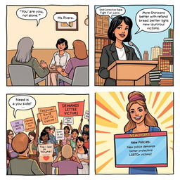 A comic strip illustration comprising four panels that forward an uplifting narrative