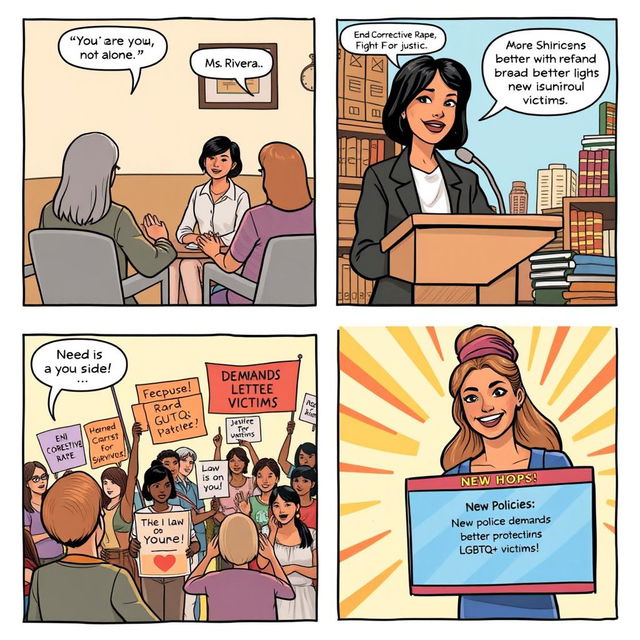 A comic strip illustration comprising four panels that forward an uplifting narrative