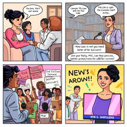 A comic strip illustration comprising four panels that forward an uplifting narrative