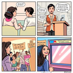 A comic strip illustration comprising four panels that forward an uplifting narrative