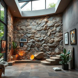 An artistic space featuring a stunning stone wall covering, intricately designed with various textures and patterns, beautifully blending with the surrounding art elements