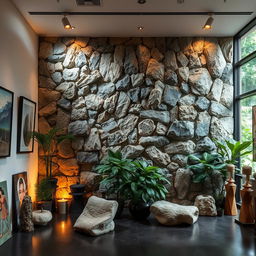 An artistic space featuring a stunning stone wall covering, intricately designed with various textures and patterns, beautifully blending with the surrounding art elements