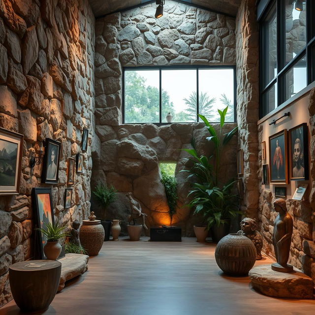 An artistic space featuring a stunning stone wall covering, intricately designed with various textures and patterns, beautifully blending with the surrounding art elements