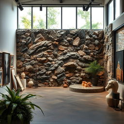 An artistic space featuring a stunning stone wall covering, intricately designed with various textures and patterns, beautifully blending with the surrounding art elements