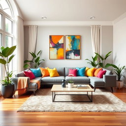 A beautifully decorated indoor space, featuring a modern living room setup with a stylish sofa, colorful throw pillows, and a sleek coffee table