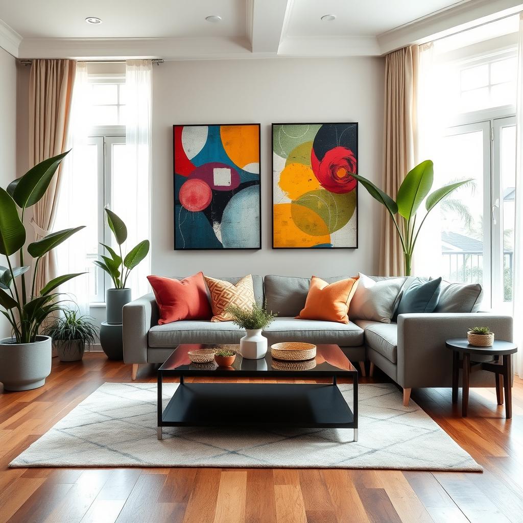 A beautifully decorated indoor space, featuring a modern living room setup with a stylish sofa, colorful throw pillows, and a sleek coffee table