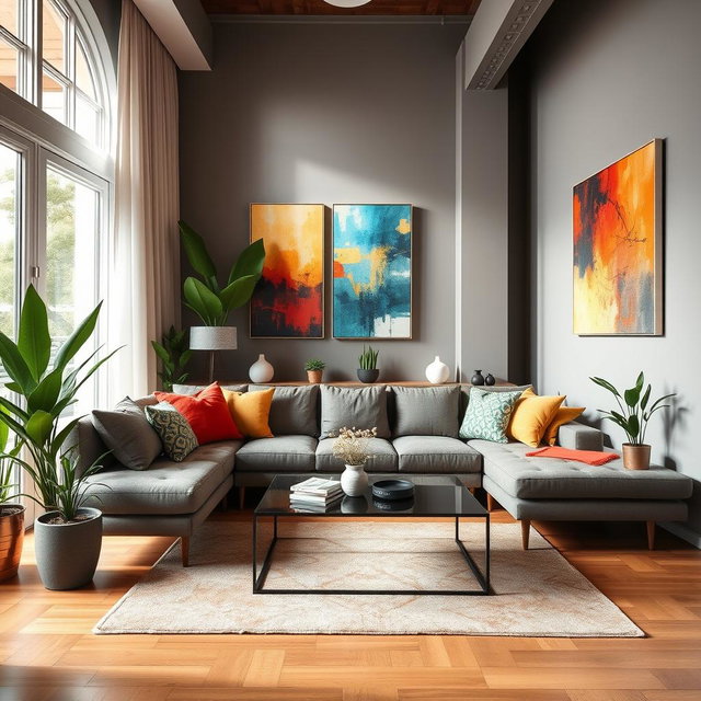 A beautifully decorated indoor space, featuring a modern living room setup with a stylish sofa, colorful throw pillows, and a sleek coffee table