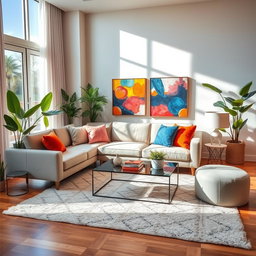 A beautifully decorated indoor space, featuring a modern living room setup with a stylish sofa, colorful throw pillows, and a sleek coffee table