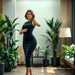 A clear, detailed image featuring an elegant, mature female model, posing confidently in a sophisticated environment adorned with lush indoor plants and soft lighting