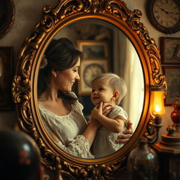 An antique mirror with intricate detailing, reflecting a mother lovingly gazing at her child