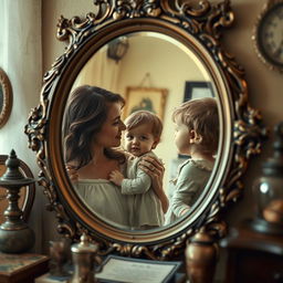An antique mirror with intricate detailing, reflecting a mother lovingly gazing at her child