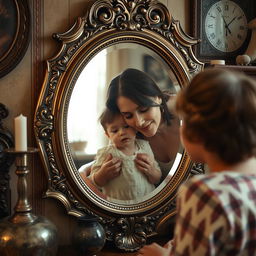 An antique mirror with intricate detailing, reflecting a mother lovingly gazing at her child