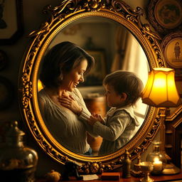An antique mirror with intricate detailing, reflecting a mother lovingly gazing at her child