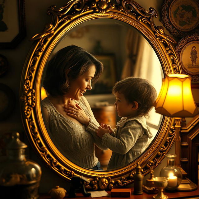 An antique mirror with intricate detailing, reflecting a mother lovingly gazing at her child