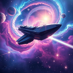 A vibrant space illustration featuring a colorful nebula surrounded by bright stars and distant planets