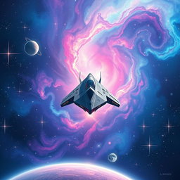 A vibrant space illustration featuring a colorful nebula surrounded by bright stars and distant planets