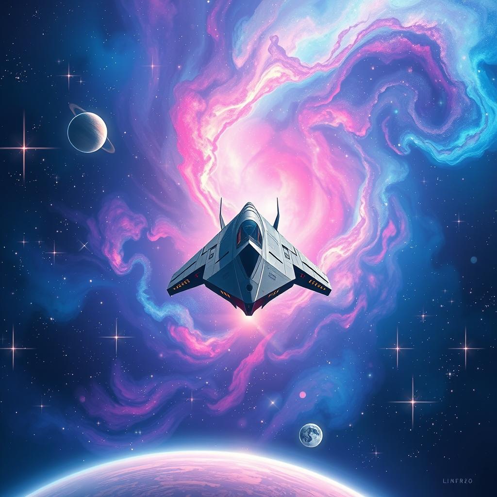 A vibrant space illustration featuring a colorful nebula surrounded by bright stars and distant planets