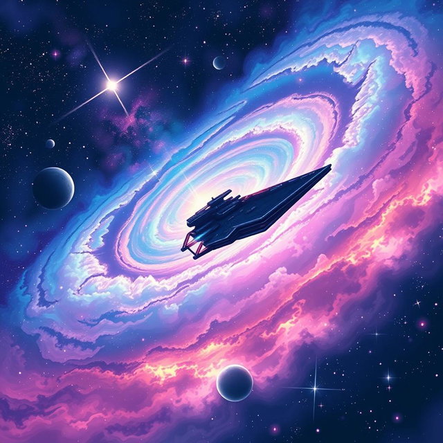 A vibrant space illustration featuring a colorful nebula surrounded by bright stars and distant planets