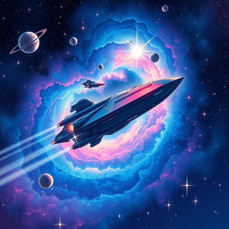 A vibrant space illustration featuring a colorful nebula surrounded by bright stars and distant planets