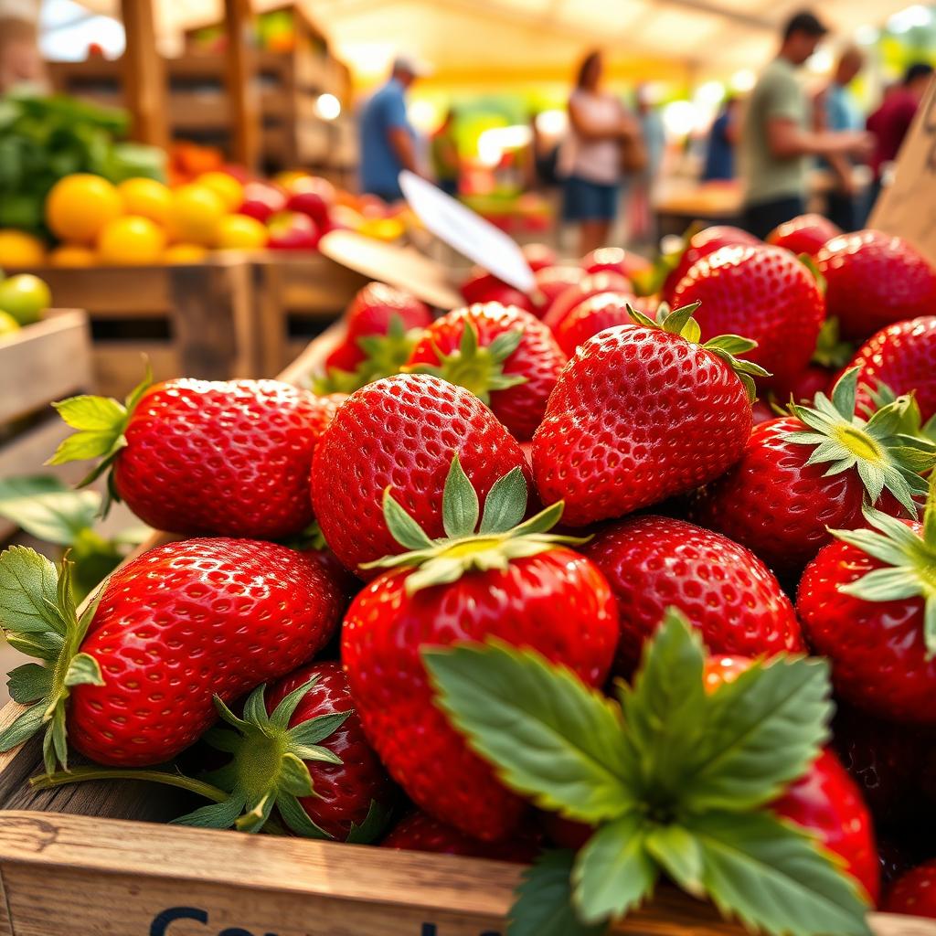 A vibrant close-up of fresh, ripe strawberries being sold at a farmer's market