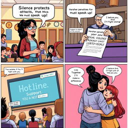 A comic strip illustration featuring four panels that convey a powerful message of change and activism