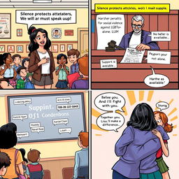 A comic strip illustration featuring four panels that convey a powerful message of change and activism