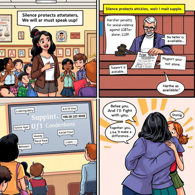 A comic strip illustration featuring four panels that convey a powerful message of change and activism