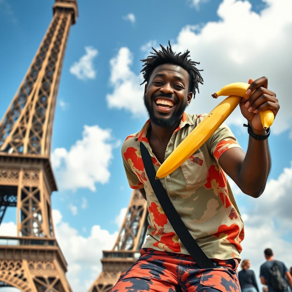 A black man humorously enjoying a ripe banana while playfully hanging from the iconic Eiffel Tower, showcasing a lively and whimsical scene