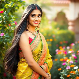 A stunning Indian woman with long flowing black hair, adorned in a vibrant traditional sari with intricate patterns and embroidery, standing confidently with a warm smile