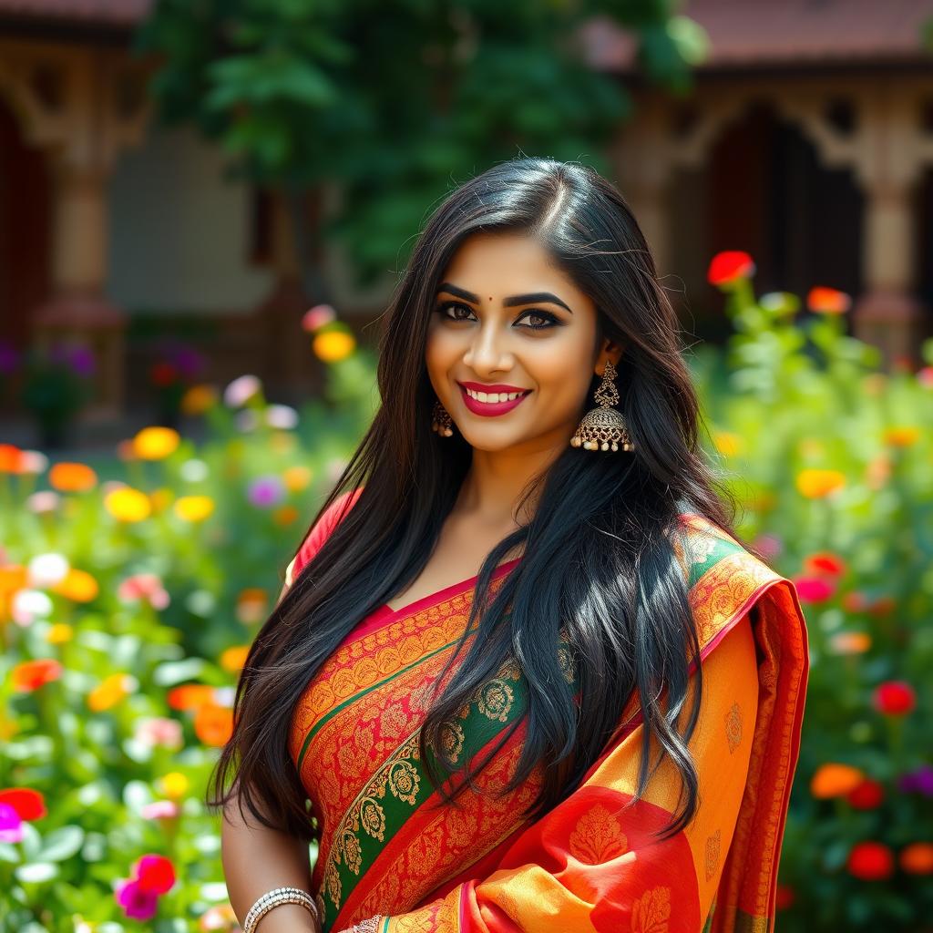 A stunning Indian woman with long flowing black hair, adorned in a vibrant traditional sari with intricate patterns and embroidery, standing confidently with a warm smile