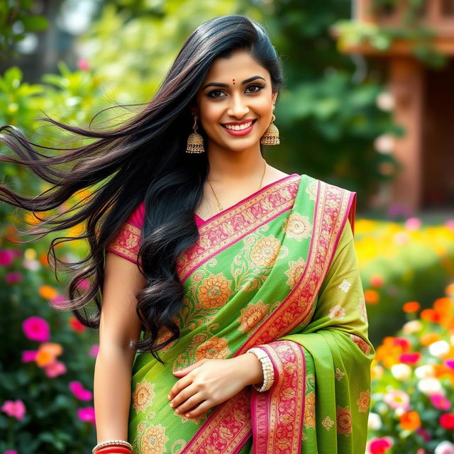 A stunning Indian woman with long flowing black hair, adorned in a vibrant traditional sari with intricate patterns and embroidery, standing confidently with a warm smile