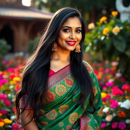 A stunning Indian woman with long flowing black hair, adorned in a vibrant traditional sari with intricate patterns and embroidery, standing confidently with a warm smile