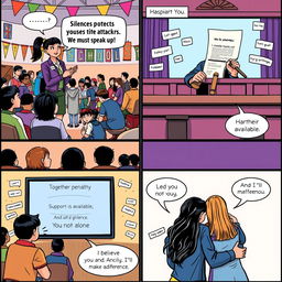 A comic strip illustration arranged in four panels that vividly convey a message of empowerment and change
