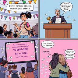 A comic strip illustration arranged in four panels that vividly convey a message of empowerment and change