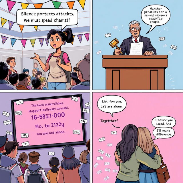 A comic strip illustration arranged in four panels that vividly convey a message of empowerment and change