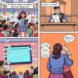 A comic strip illustration arranged in four panels that vividly convey a message of empowerment and change