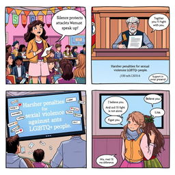 A comic strip illustration arranged in four panels that vividly convey a message of empowerment and change