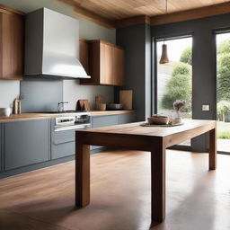 A modern, high-end kitchen featuring a sleek timber island bench, repurposed as if it was an exquisite piece of vintage furniture, creating a striking contrast.