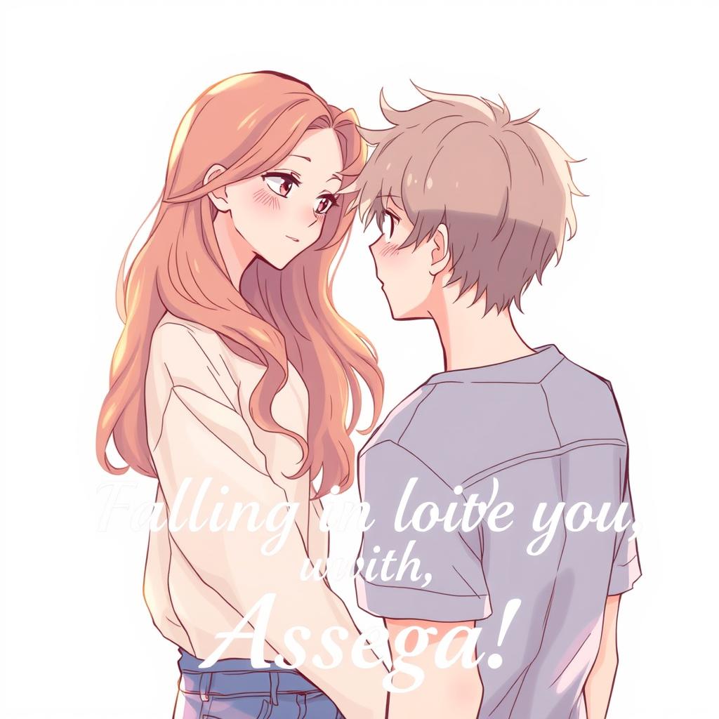 A novel cover illustration titled 'Falling in love with you, Assegaf!' featuring the main character, Cessa, looking at Assegaf with a sense of affection and longing
